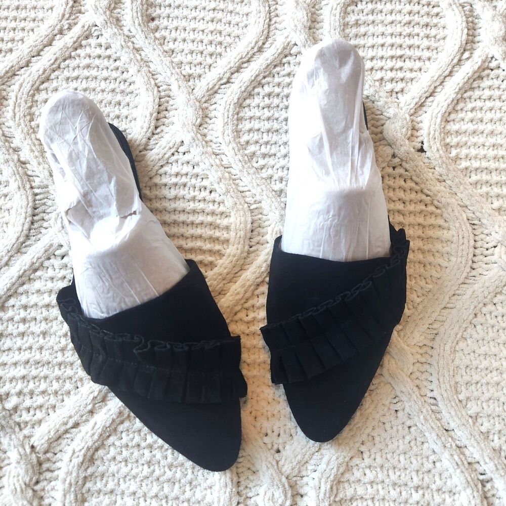 Bershka Black Suede Ruffle Mules / Flats Size 8.5